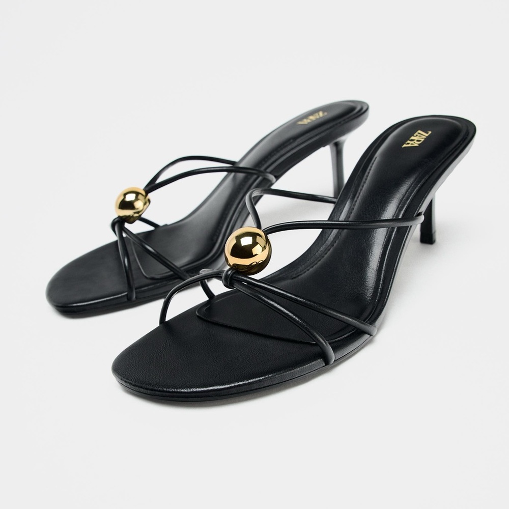 Zara Black Strappy Heeled Mules with Gold Orb Detail